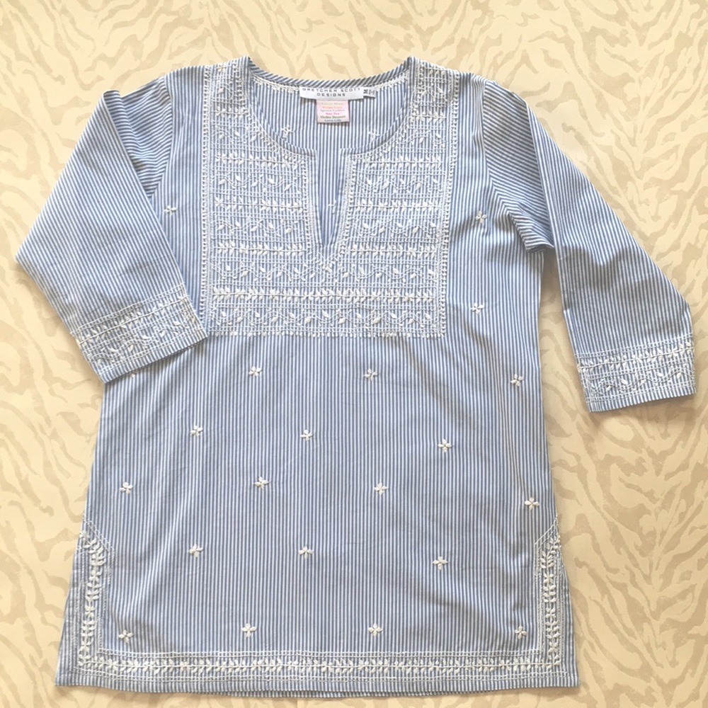 Gretchen Scott Light Blue & White Tunic, Size M